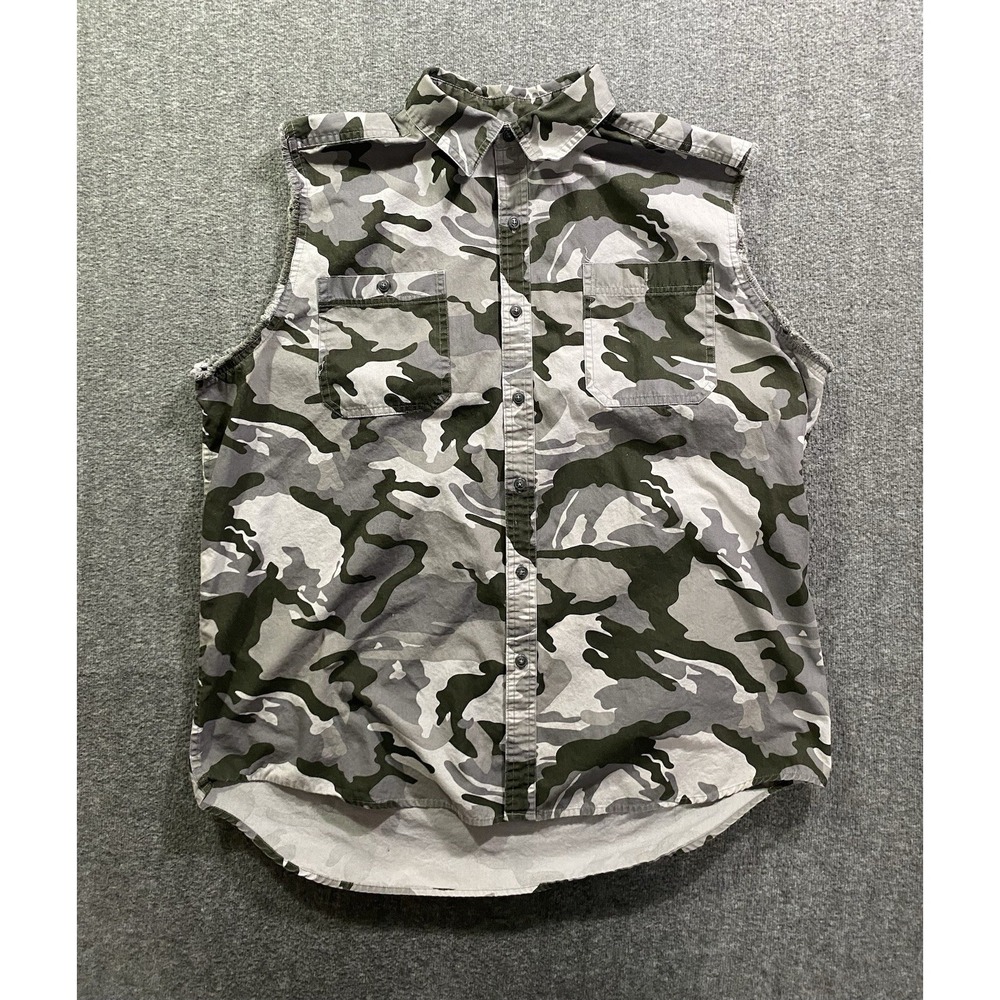 CE SCHMIDT Workwear Camo Sleeveless Shirt Vest Pockets Fray Edge Size XL